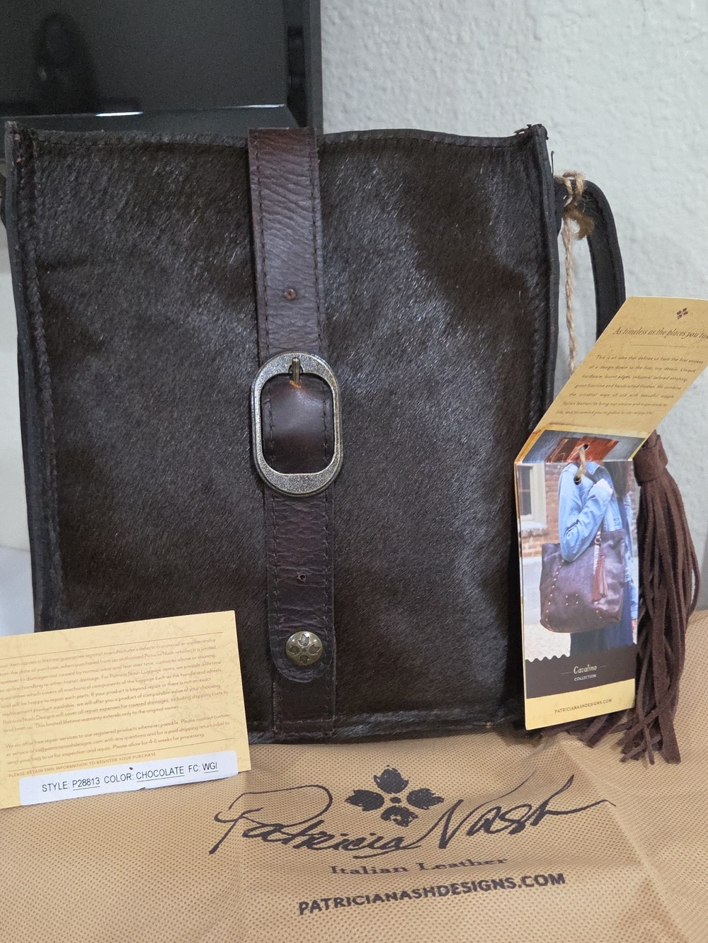Patricia Nash Chocolate Brown Haircalf Crossbody with Tassel